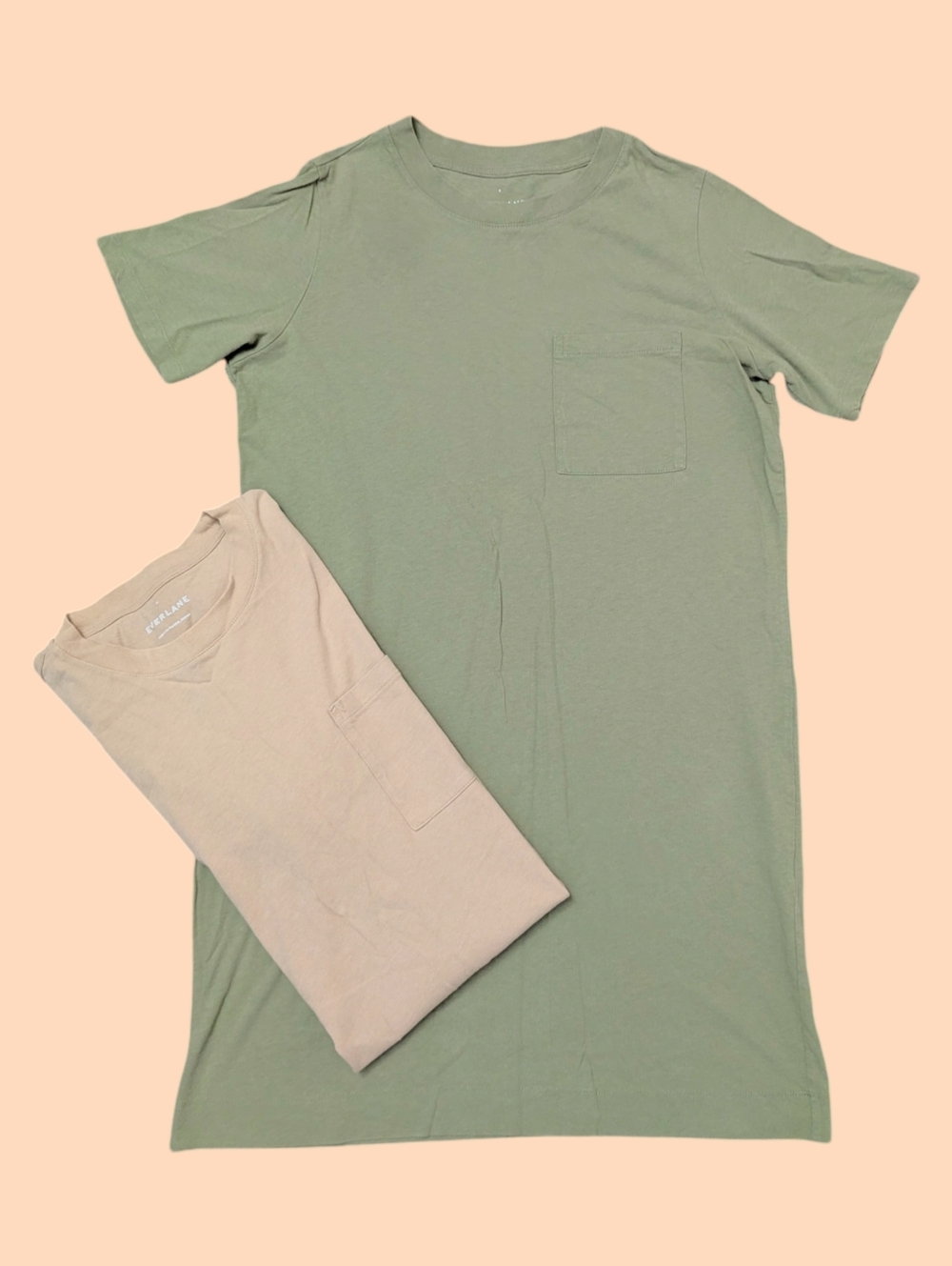 (2) EVERLANE The Weekend Pocket T-Shirt Dress Women’s Small Lot Green Biege EUC